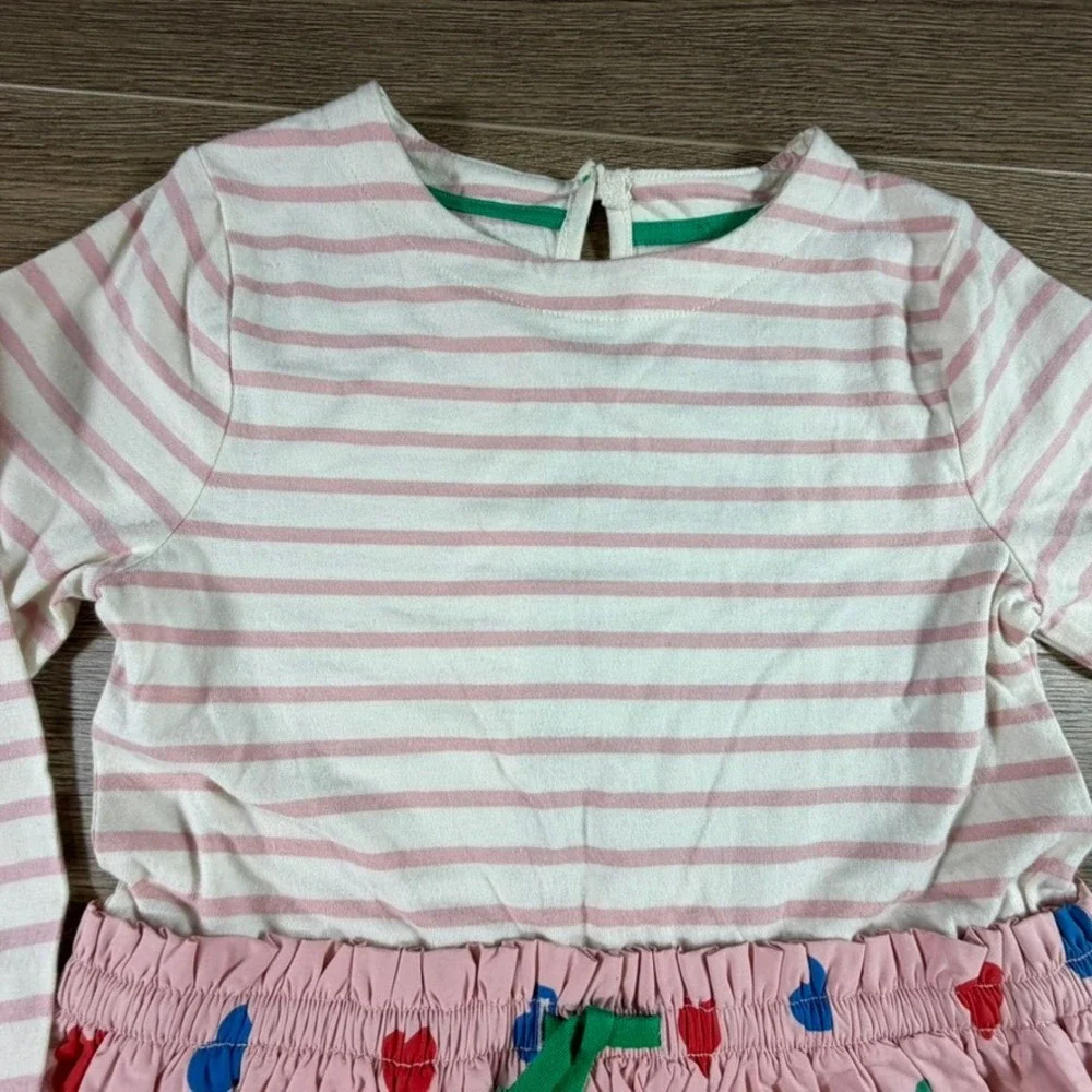 Mini Boden Girls Pink Striped Heart Print Long Sleeve Mixed Media Dress 7/8
